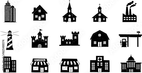 A set of building icon. black silhouette on a white background