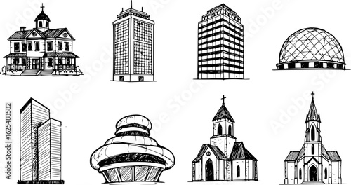 A set of building icon. black silhouette on a white background