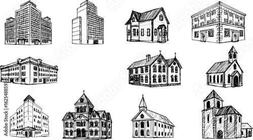 A set of building icon. black silhouette on a white background