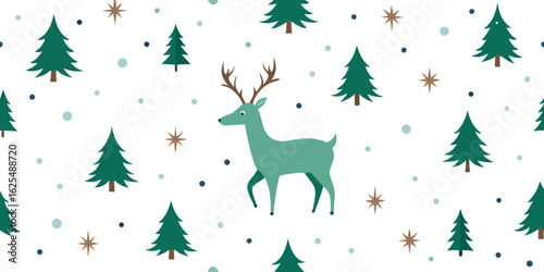 Vector holiday card illustration featuring a reindeer silhouette, a Christmas tree, and snowflakes, set against a wintery new year backdrop