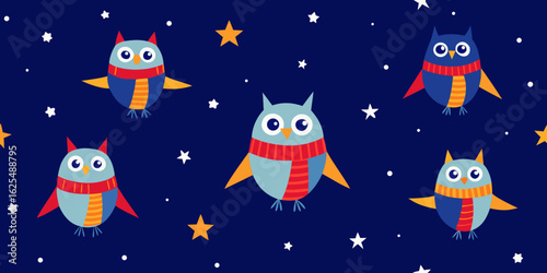 A funny cartoon rocket flies toward the moon through a dark winter night sky with stars and snowflakes, passing a cartoon tree and a little alien baby