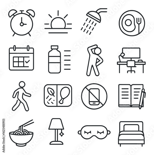 Daily routine linear icon set. includes alarm, sunrise, shower, breakfast, calendar, exercise, desk, walk, bed, and more.