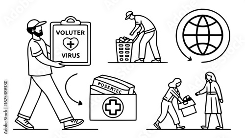"Flat outline icon set for charity and nonprofit work. Covers topics like volunteering, international relief, food and clothing drives, support groups, and donations."