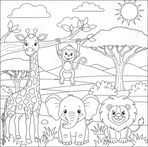 Cute Jungle Animals Coloring Page for Kids - Savanna Landscape