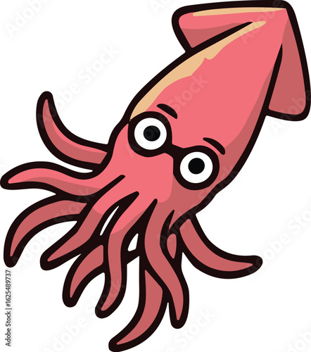 Cartoon squid with pinkish-red body, large round eyes, wavy tentacles, playful expression, whimsical underwater animal character, vector illustration
