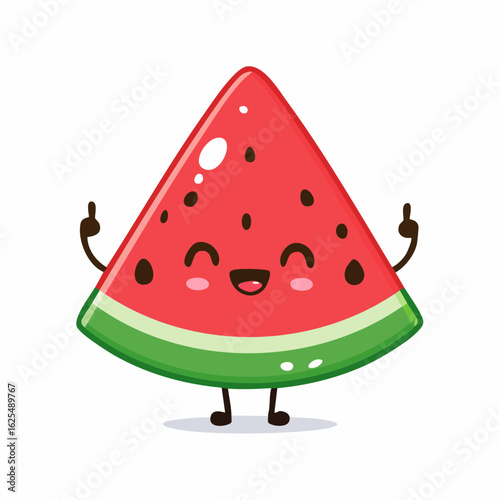 Cute kawaii watermelon slice character smiling happily. Vector illustration of a funny fruit mascot isolated on a white background.