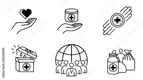 "Minimal vector icon collection focused on philanthropy and global aid. Editable stroke icons include giving hands, donation jars, group support, and world charity efforts."