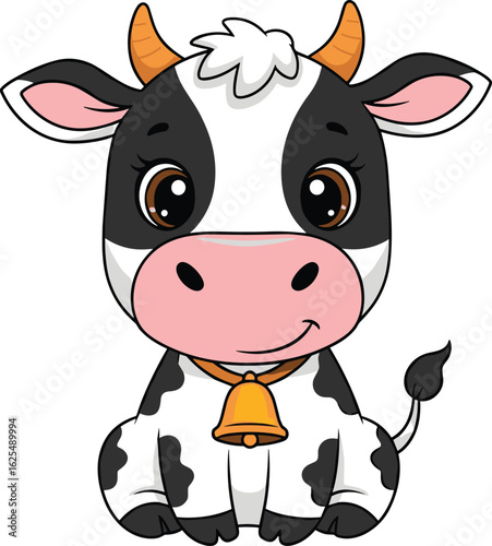 Cute cartoon cow sitting, black and white farm animal, adorable character design, pink snout, yellow bell, friendly illustration, vector art