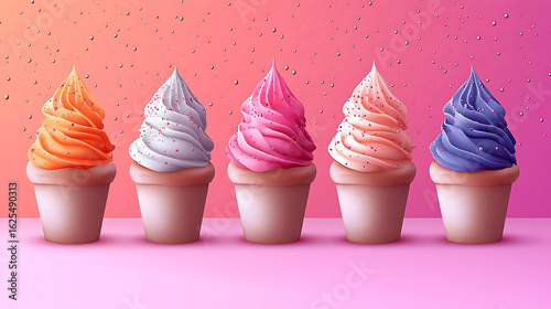 Five Colorful Ice Cream Cones with Sprinkles on Pink Background