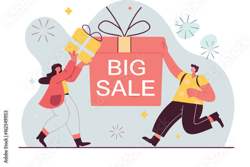 Excited shoppers celebrating a huge sale event with colorful graphics