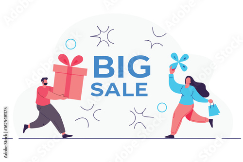 Excited shoppers celebrate a massive big sale event with vibrant colors