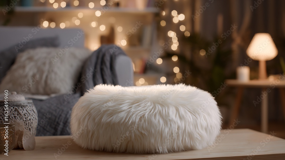 Obraz premium Cozy faux fur plush round cushion placed modern sofa with boho style decor warm lighting