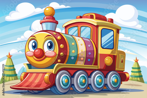Colorful toy train isolated on a clear sky background. kids' product illustrations, nursery themes, transportation toys, or playful educational visuals.