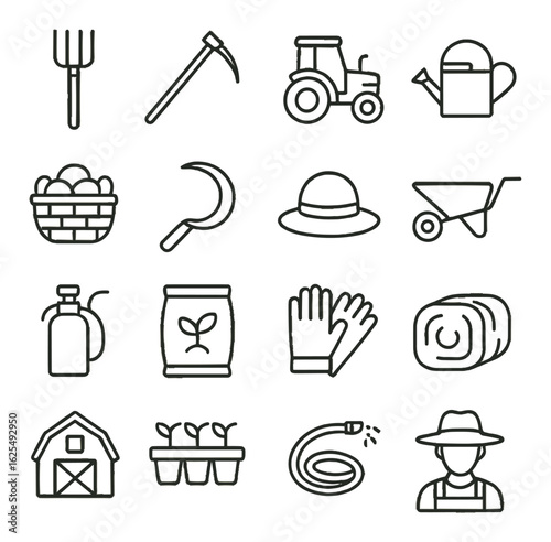 Farming linear icon set: tractor, basket, hose, scythe, watering can, seedlings, wheelbarrow, harvest