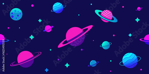 Seamless vector illustration of a cartoon space galaxy featuring pink and purple flowers and balls among rockets, planets, and stars in a cosmic night sky
