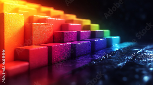 Vibrant Rainbow Cubes Ascending on Dark Reflective Surface Abstract Background