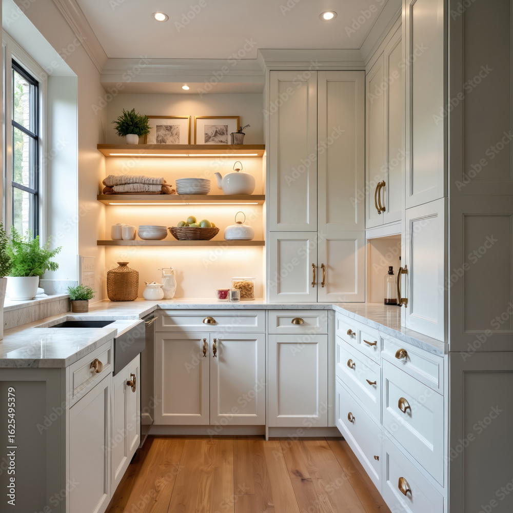 Fototapeta premium Modern farmhouse butler pantry features cream cabinetry with brass hardware, open shelving with warm lighting, farmhouse sink. Space includes white marble countertops, large window, warm wood