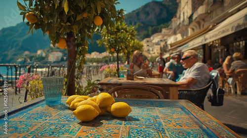 Scenic Café in Amalfi with Lemon Trees and Tiled Tables – Seaside Summer Dining
Picturesque outdoor café in Amalfi with ceramic tile tables under lemon trees, overlooking the sea. Tourists enjoy drink