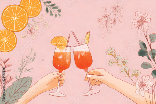 A flat illustration of an Aperol spritz cocktail party
