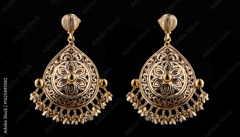 png ornate gold jhumka earrings with floral motifs on black background