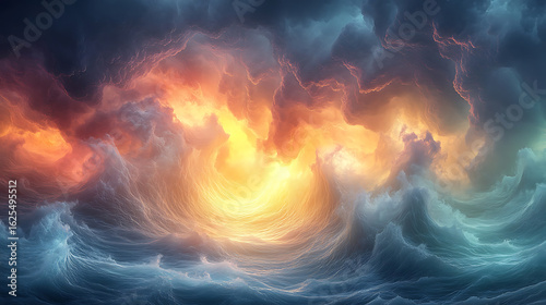 Celestial Storm Abstract Art of Fiery Clouds and Ocean Waves