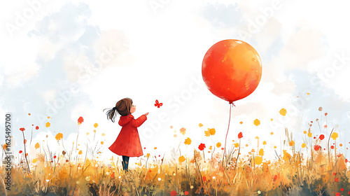 Little Girl in Red Coat Watching Orange Balloon Float Away in Wildflower Field