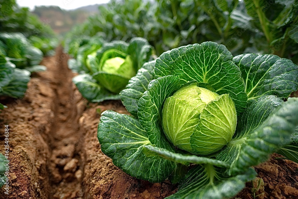 Fototapeta premium Cabbages growing in cultivated field on farmland