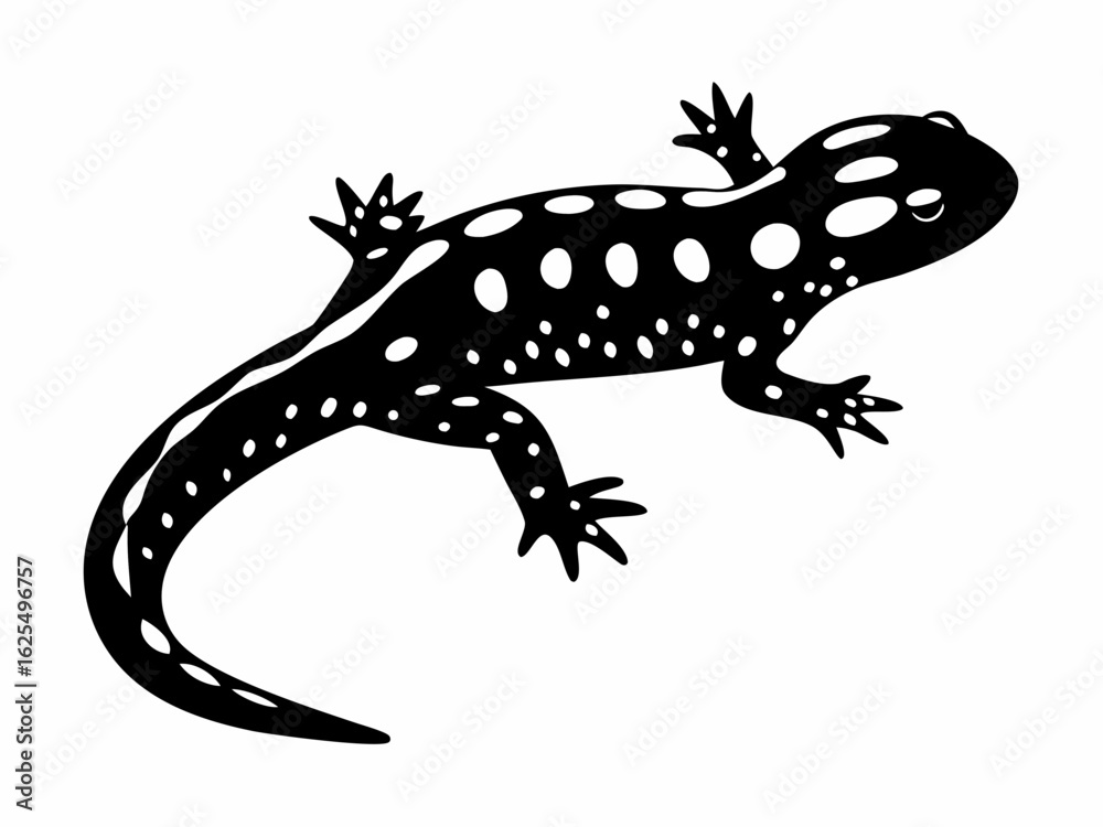 Naklejka premium Illustration of a black salamander with white spots crawling on a white surface in a simple design created with generated ai