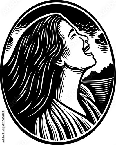 Illustration of a woman with long hair looking up and smiling inside an oval frame with landscape created with generated ai