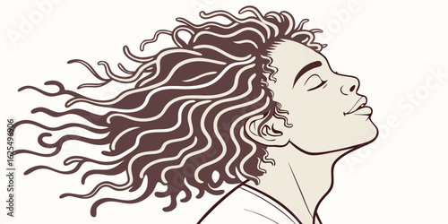 Illustration of a person with curly hair looking up with a serene expression on a white background created with generated ai