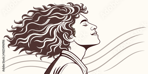 Illustration of a person with curly hair looking up with a serene expression and wavy lines background created with generated ai