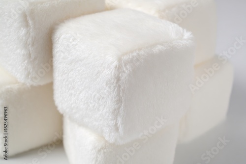 Plush cube blocks arranged stacked structure close up shot highlighting soft corner detailing pure white isolated background