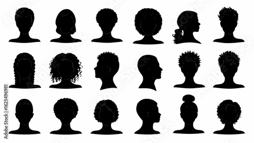 Silhouette collection of diverse hairstyles including curly straight and updo styles for various head shapes created with generated ai