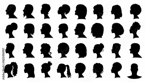 Collection of diverse african american head silhouettes showcasing various hairstyles and profiles in black color created with generated ai