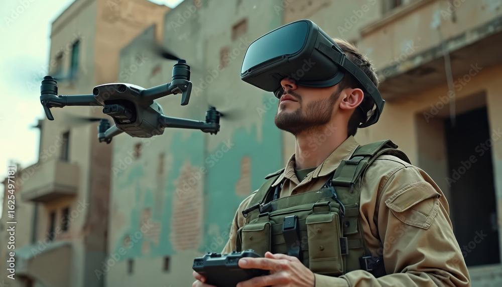 Fototapeta premium Military operator controls FPV drone using virtual reality goggles, remote controller. Soldier wears tactical gear, engages in aerial surveillance combat training. AI neural network technology aids