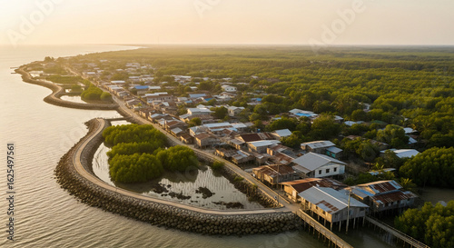Coastal Village Protected by Seawall and Mangrove Forest for Disaster Risk Reduction