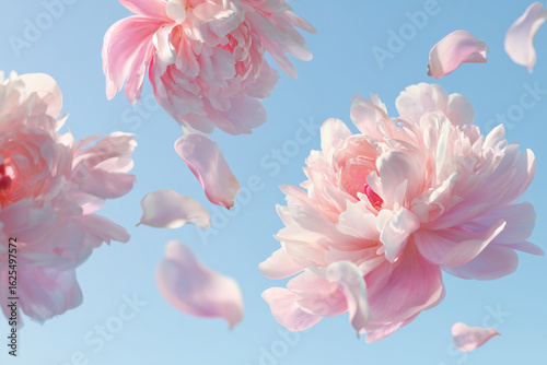 Fototapeta Naklejka Na Ścianę i Meble -  Beautiful pink peonies floating against a serene blue sky with delicate petals drifting gently