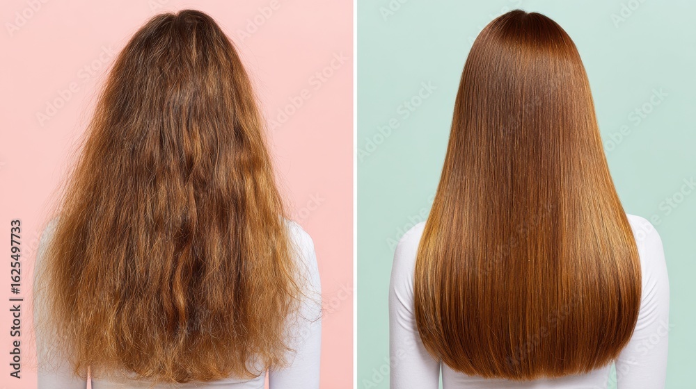 Fototapeta premium A back-view before-and-after collage showing frizzy, voluminous hair on the left and smooth, straight, shiny hair on the right after treatment or styling.