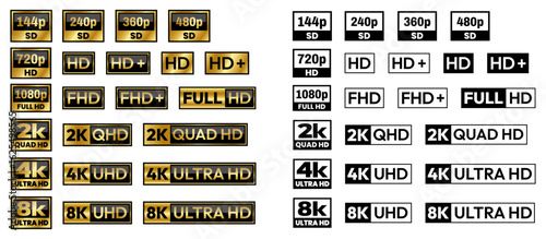 Ultra Hd icon collection. 480p, 720p, 1080p, 2K, 4K and 8K symbol of High Definition monitor display resolution standard. Label for device screen. Vector illustration	