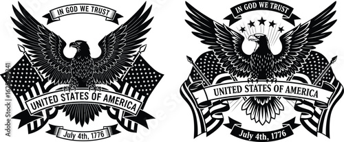 Black and white art showing bald eagle with USA flag banner and text