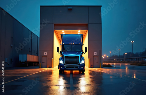Blue semi truck backs into illuminated warehouse loading dock at night. Cargo transportation, logistics, distribution services vital for trucking industry. Wet asphalt reflects warm light from