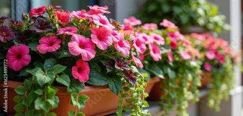 Bright pink, red flowers spill from terracotta planters creating rich balcony decorations. Annual plants with vibrant green leaves, cascading vines suggest summery garden atmosphere, perfect for home