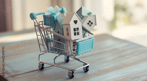 Property in Cart: miniature houses and a gift box in a shopping cart, conveying the concept of home ownership, real estate, and buying