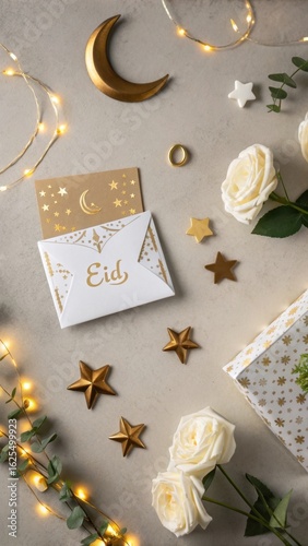 Elegant Eid celebration setup with glowing lights, roses, and golden stars