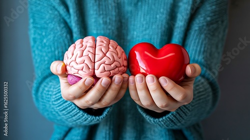 Human hands holding brain and heart symbolizing logic versus emotion