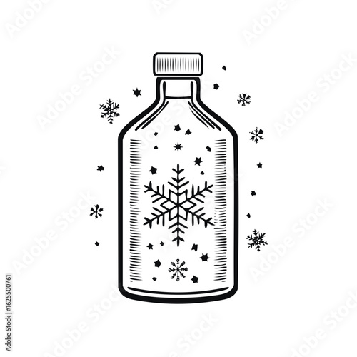 Linocut style magic bottle or vial containing snowflakes for a winter concept