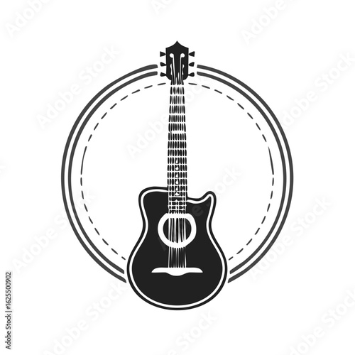 Acoustic Guitar Centered in Dotted Circle Frame, Black and White Music Emblem, Classic Musical Instrument, Decorative Design