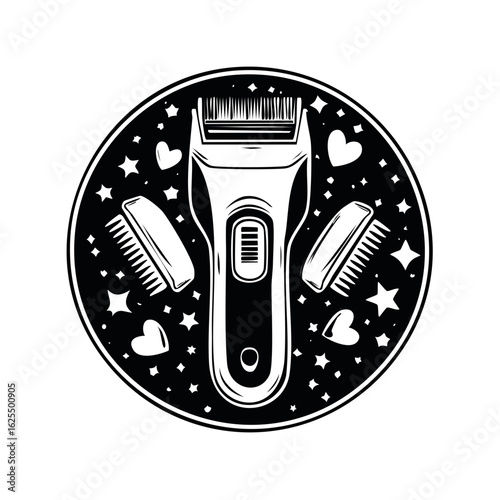 Barbershop Hair Clipper and Guide Combs with Decorative Stars and Hearts Monochrome Graphic