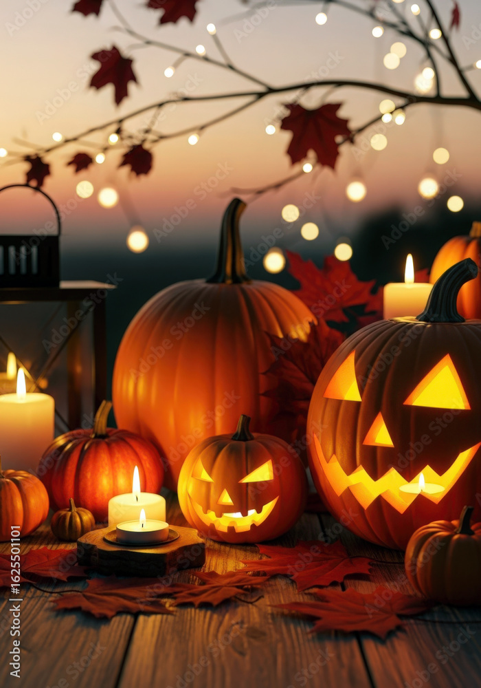 Fototapeta premium Spooky halloween night with jack o lanterns and autumn leaves