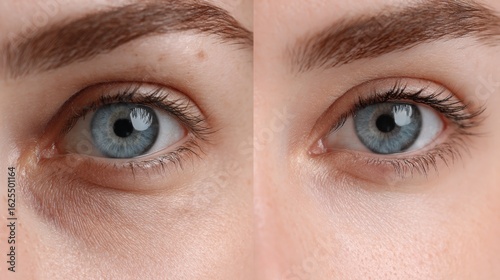 Before and after comparison showing cosmetic treatment effect on blue eyes to remove dark circles, swelling, and undereye bags.